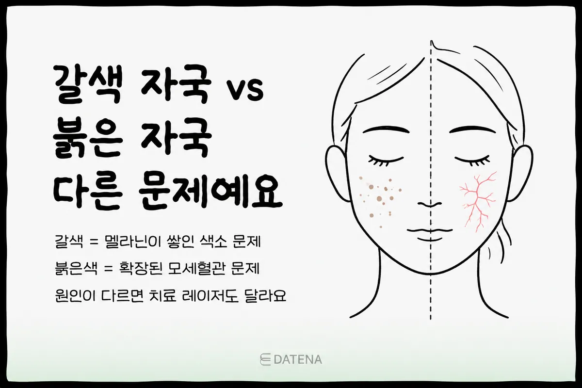 여드름이 지나간 자리에 보이는 갈색과 붉은색은 발생 원인이 다릅니다. 갈색은 멜라닌 색소와 관련되고, 붉은색은 확장된 모세혈관과 관련될 수 있습니다