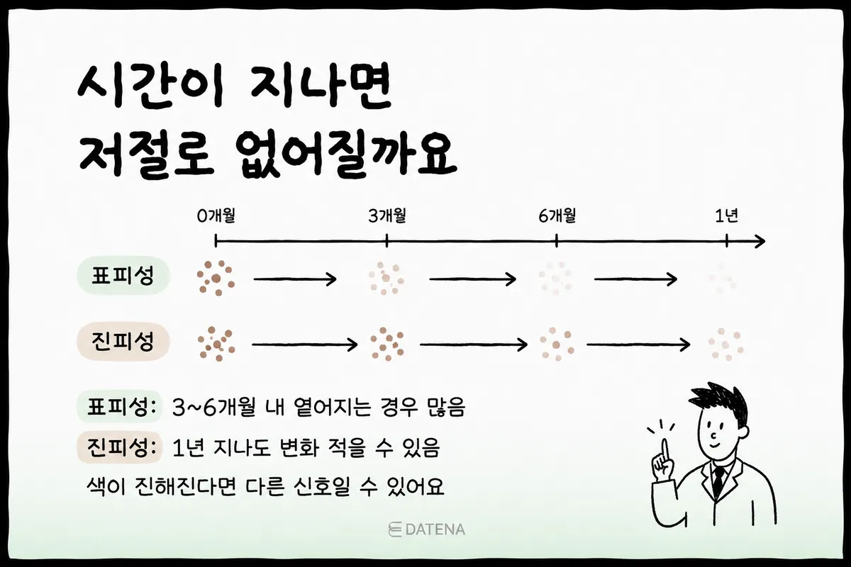 표피에 가까운 색소침착은 수개월에 걸쳐 옅어지는 경우가 많습니다. 피부 깊은 곳까지 색소가 자리한 경우에는 비교적 오랜 기간 남을 수 있습니다.