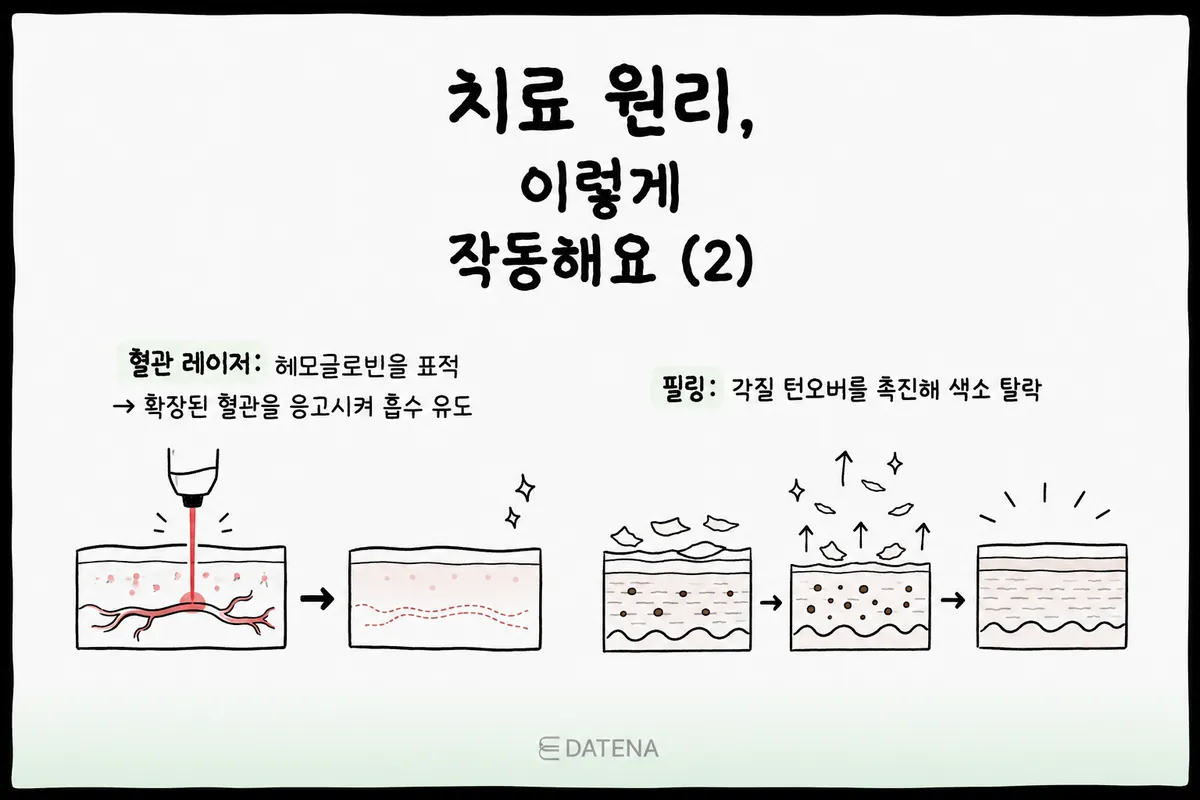 붉은 기가 두드러질 때는 혈관을 대상으로 하는 치료를 고려할 수 있습니다. 필링은 피부의 각질 순환을 도와 색소가 점차 탈락하도록 돕는 방법입니다.