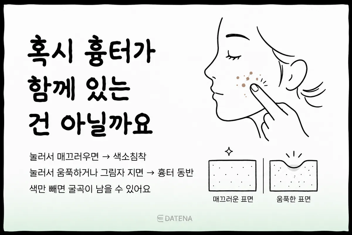 색소침착이 있는 부위에 피부 굴곡까지 느껴진다면 여드름 흉터가 함께 남아 있을 가능성도 살펴봐야 합니다. 색만 옅어져도 패인 부위는 그대로 보일 수 있습니다.