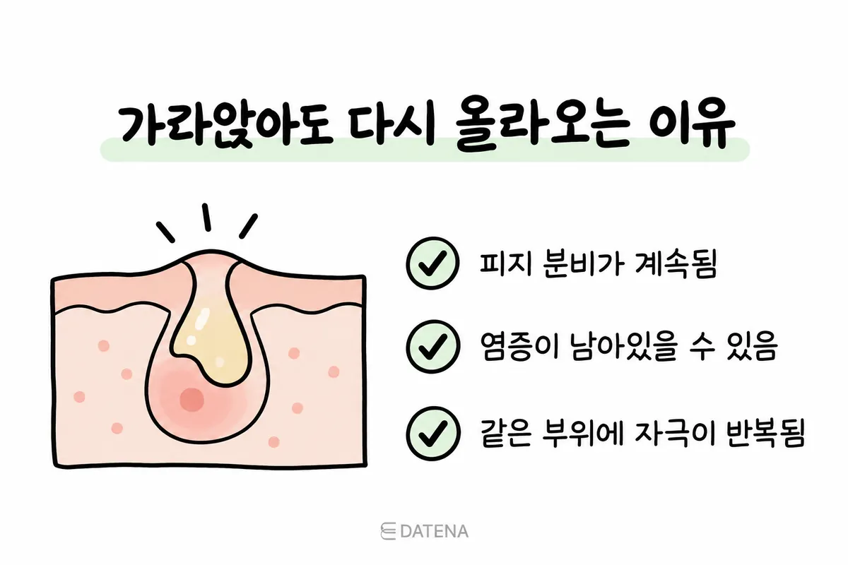 피지 분비와 남은 염증, 반복 자극이 같은 부위의 여드름 재발과 연결되는 그림