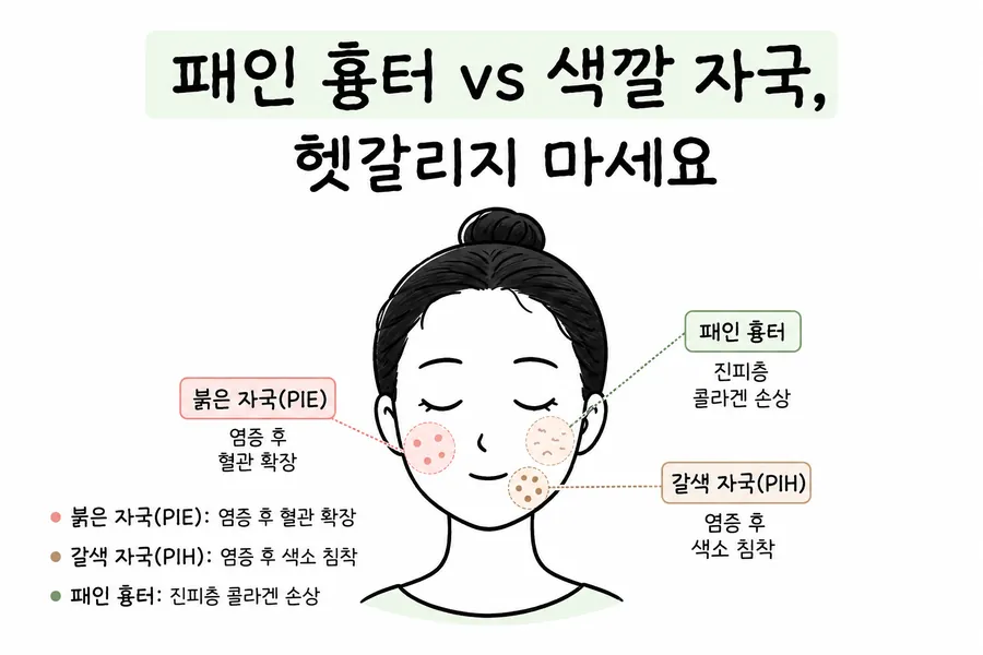 얼굴의 붉은 여드름 자국, 갈색 색소 자국, 패인 흉터를 위치별로 비교한 그림