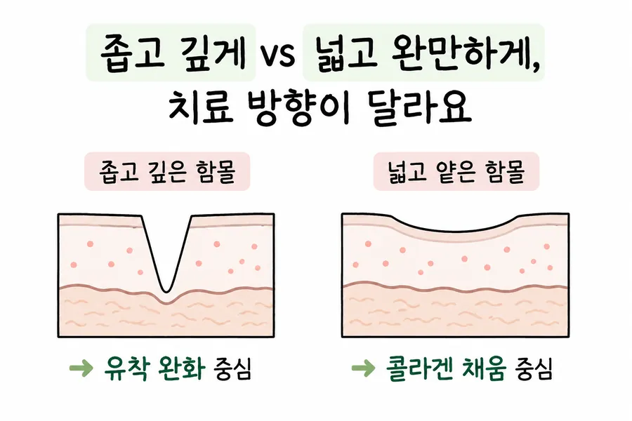 좁고 깊은 여드름흉터와 넓고 얕은 흉터의 피부 단면 및 치료 방향을 비교한 그림