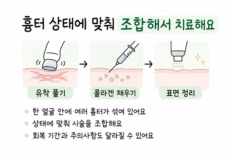 여드름흉터 치료에서 유착 풀기, 콜라겐 채우기, 피부 표면 정리를 순서대로 그린 그림