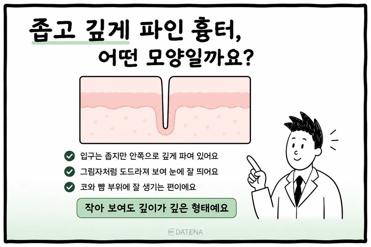 피부 단면에서 입구가 좁고 진피 깊숙이 파인 여드름 흉터를 보여주는 그림