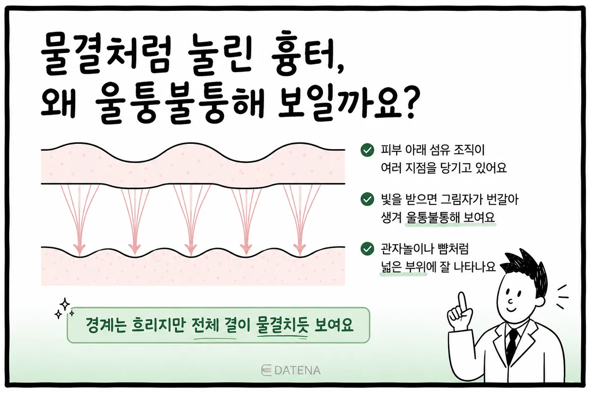피부 아래 섬유 조직이 여러 지점을 잡아당겨 물결처럼 눌린 여드름 흉터 단면