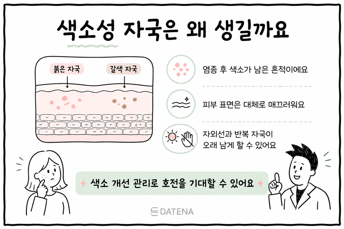 피부 단면의 붉은 자국과 갈색 자국을 통해 염증 뒤 남는 색소성 여드름 자국을 설명한 그림