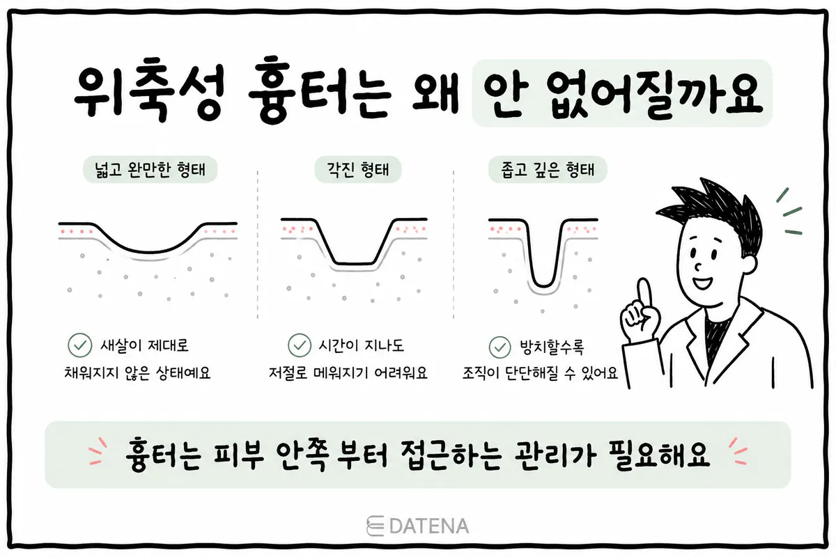넓고 완만한 패임, 각진 패임, 좁고 깊은 패임 등 위축성 여드름 흉터 형태를 비교한 그림
