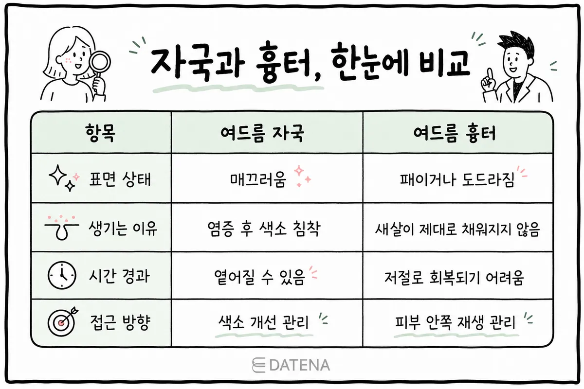 여드름 자국과 여드름 흉터의 표면 상태·원인·시간 경과·관리 방향을 비교한 표