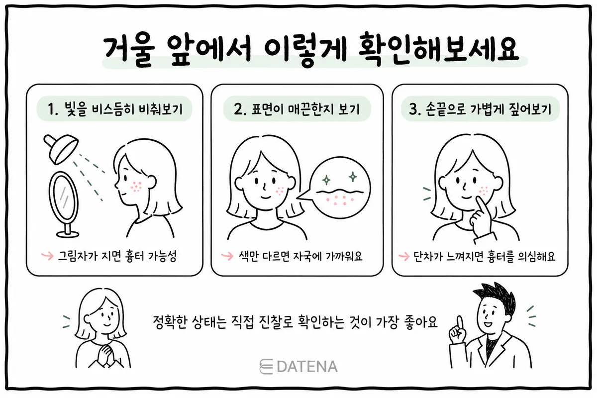 거울 앞에서 비스듬한 조명, 피부 표면, 손끝 촉감을 차례로 확인하는 세 단계 그림