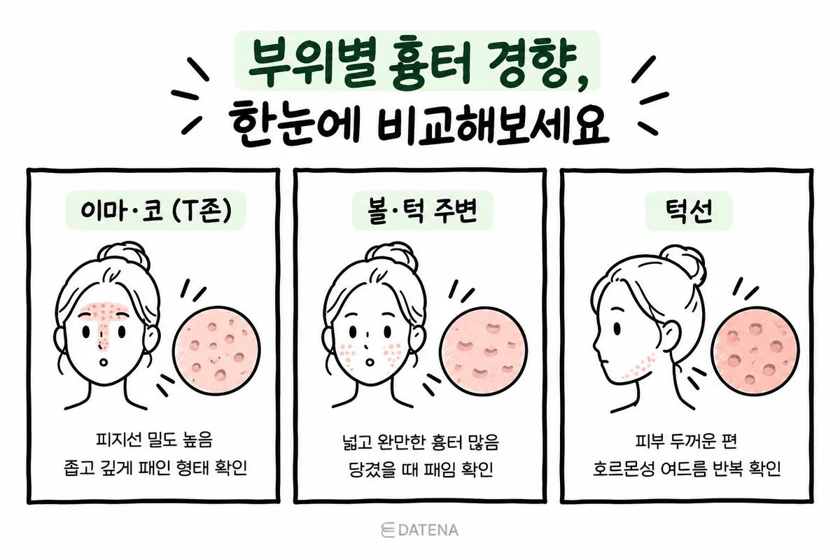이마와 코 T존, 볼·턱 주변, 턱선의 여드름 흉터 경향을 비교한 얼굴 그림
