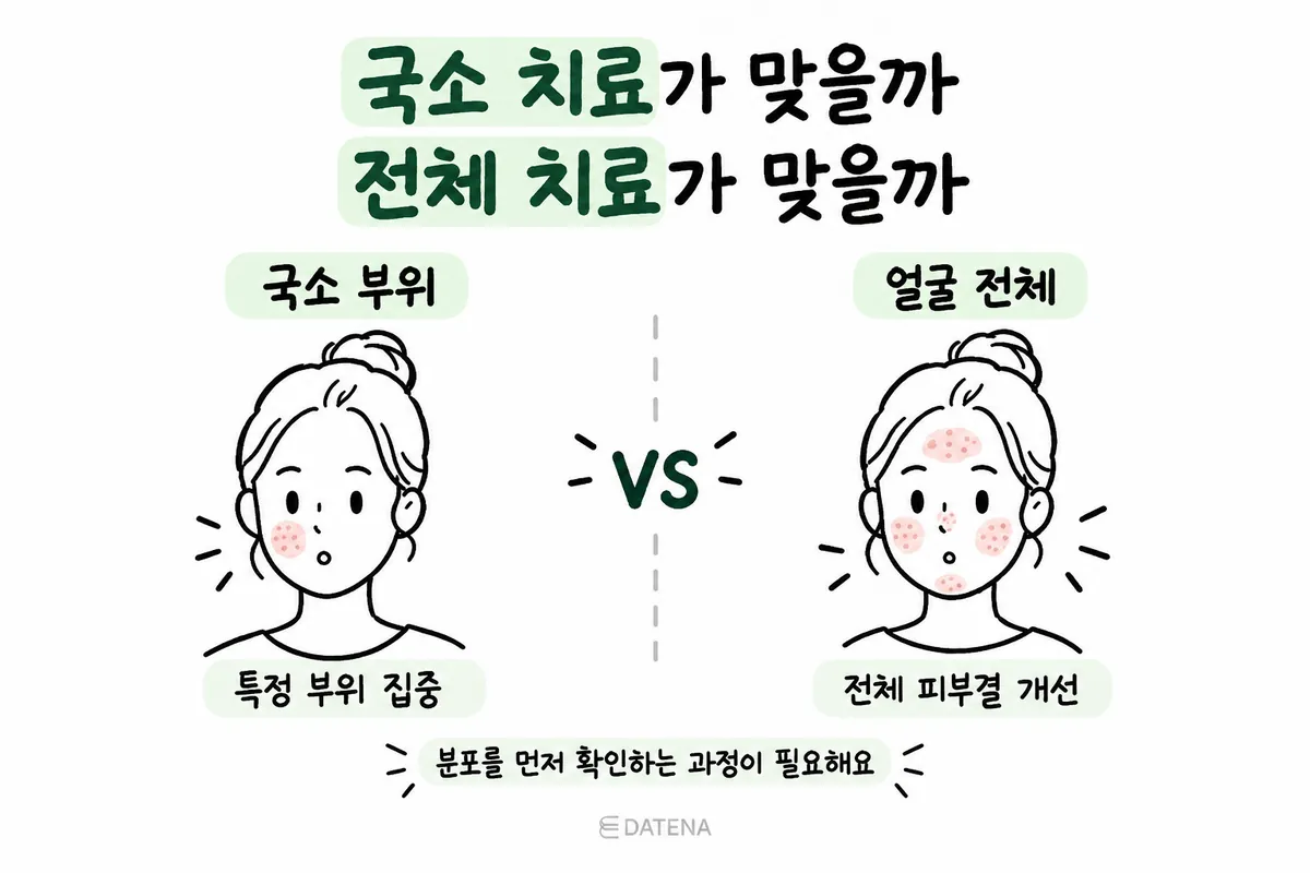 한 부위에 모인 흉터의 국소 치료와 얼굴 전반 흉터의 전체 치료를 비교한 그림