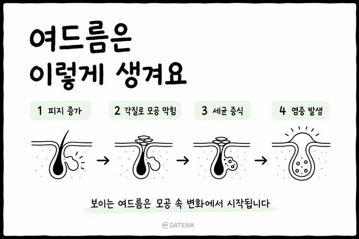 피지 증가에서 각질 모공 막힘, 세균 증식, 염증 발생까지 여드름이 생기는 4단계 과정 시각화