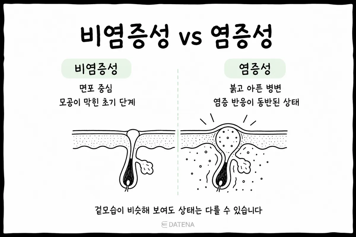 비염증성 여드름과 염증성 여드름의 특징 및 피부 속 단면 차이 비교