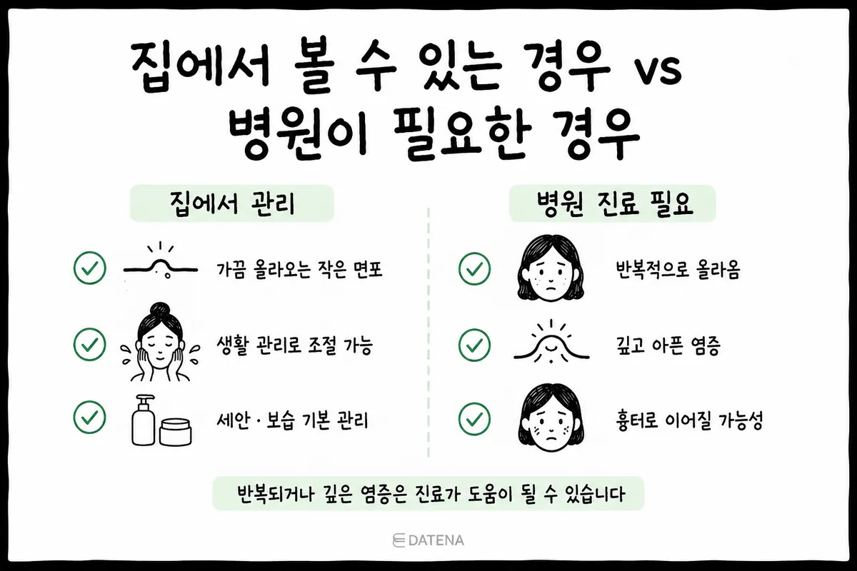 여드름 집에서 관리 vs 피부과 방문 기준 체크리스트. 가벼운 면포는 홈케어, 반복되고 아픈 염증은 병원 진료 권장