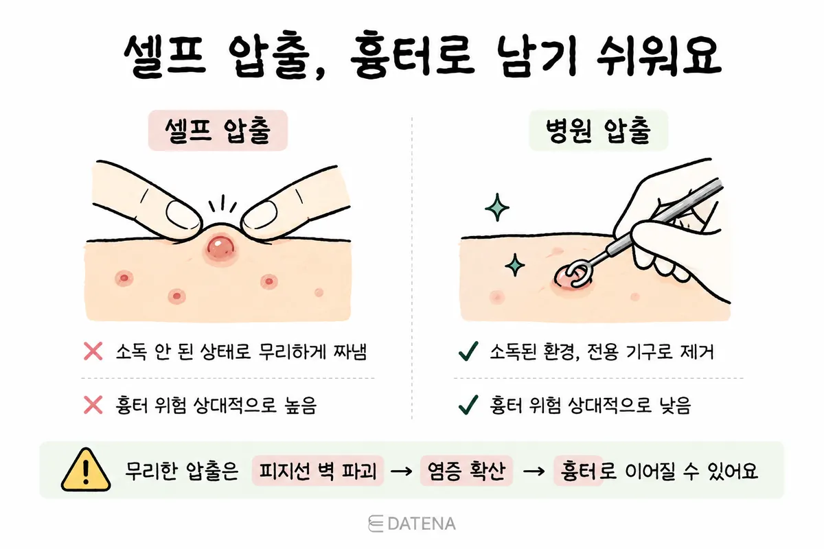 손으로 여드름을 짜는 모습과 전용 기구로 압출하는 모습을 비교한 흉터 위험 안내 그림