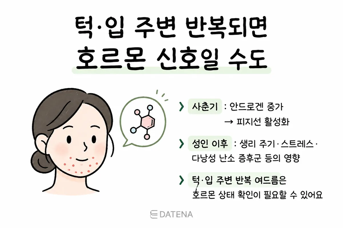 턱과 입 주변 여드름이 사춘기 안드로겐과 성인기 호르몬 변화에 영향을 받을 수 있음을 설명한 그림