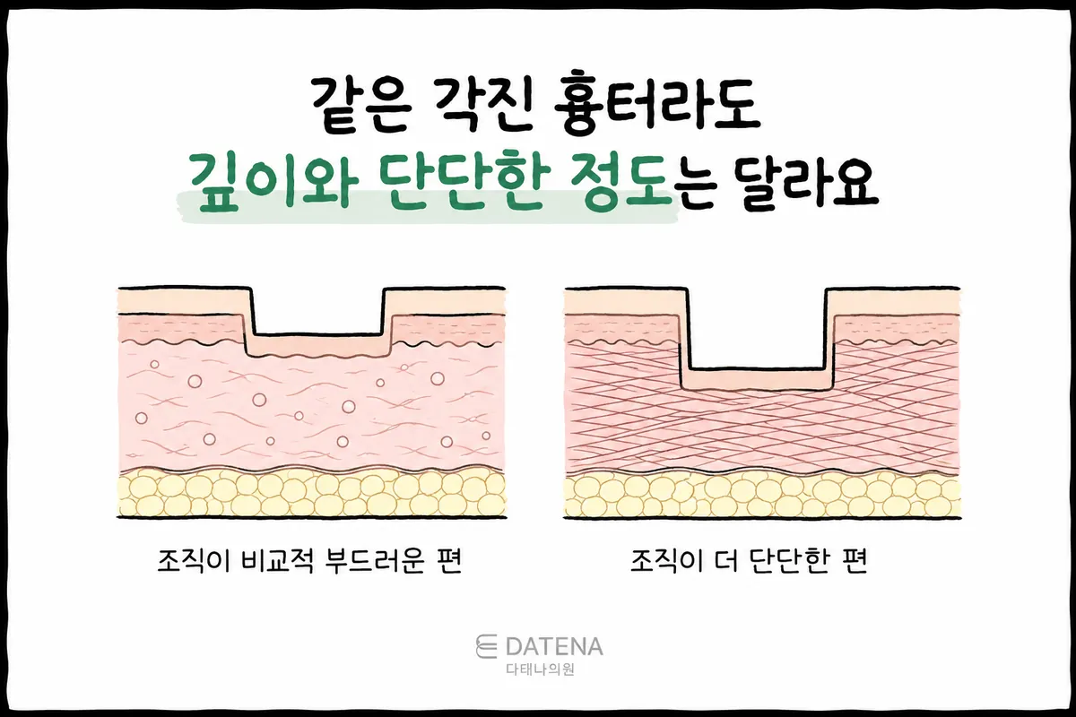 깊이와 아래 조직의 단단함이 서로 다른 각진 여드름흉터 두 개의 피부 단면 비교 그림