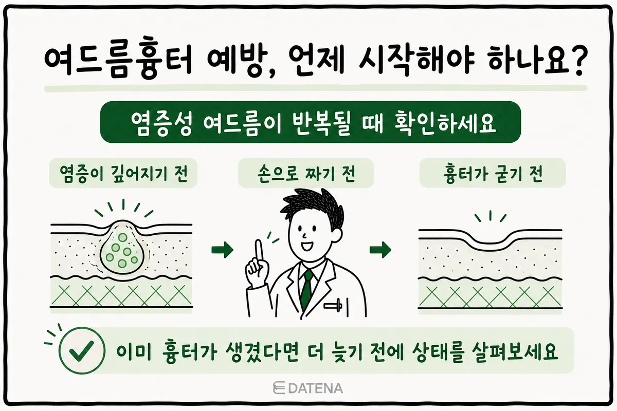 염증성 여드름이 반복될 때부터 패인 흉터가 굳기 전까지의 예방 시점을 보여주는 그림