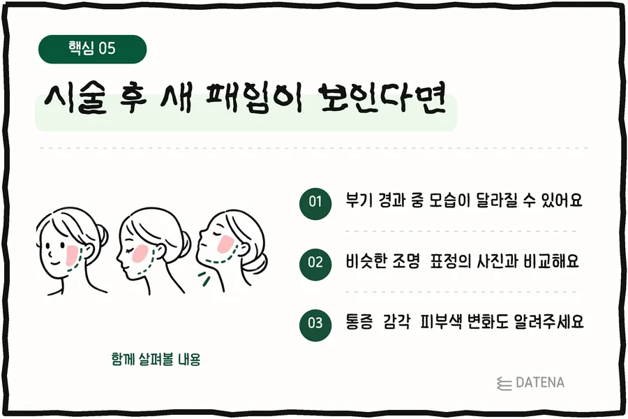 시술 후 새 패임이 보인다면: 부기 경과 중 모습이 달라질 수 있어요; 비슷한 조명·표정의 사진과 비교해요; 통증·감각·피부색 변화도 알려주세요 — 다태나의원 설명 카드