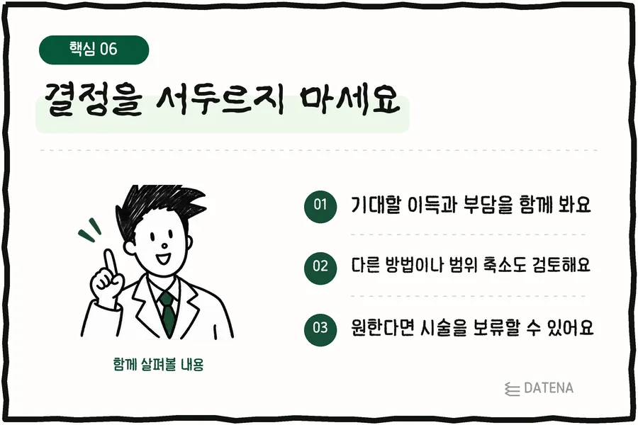 결정을 서두르지 마세요: 기대할 이득과 부담을 함께 봐요; 다른 방법이나 범위 축소도 검토해요; 원한다면 시술을 보류할 수 있어요 — 다태나의원 설명 카드