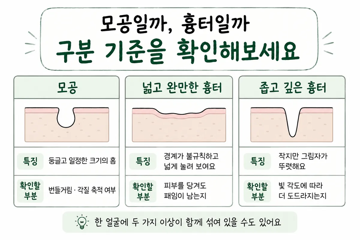 모공과 넓고 완만한 흉터, 좁고 깊은 흉터의 형태와 확인 항목 비교표