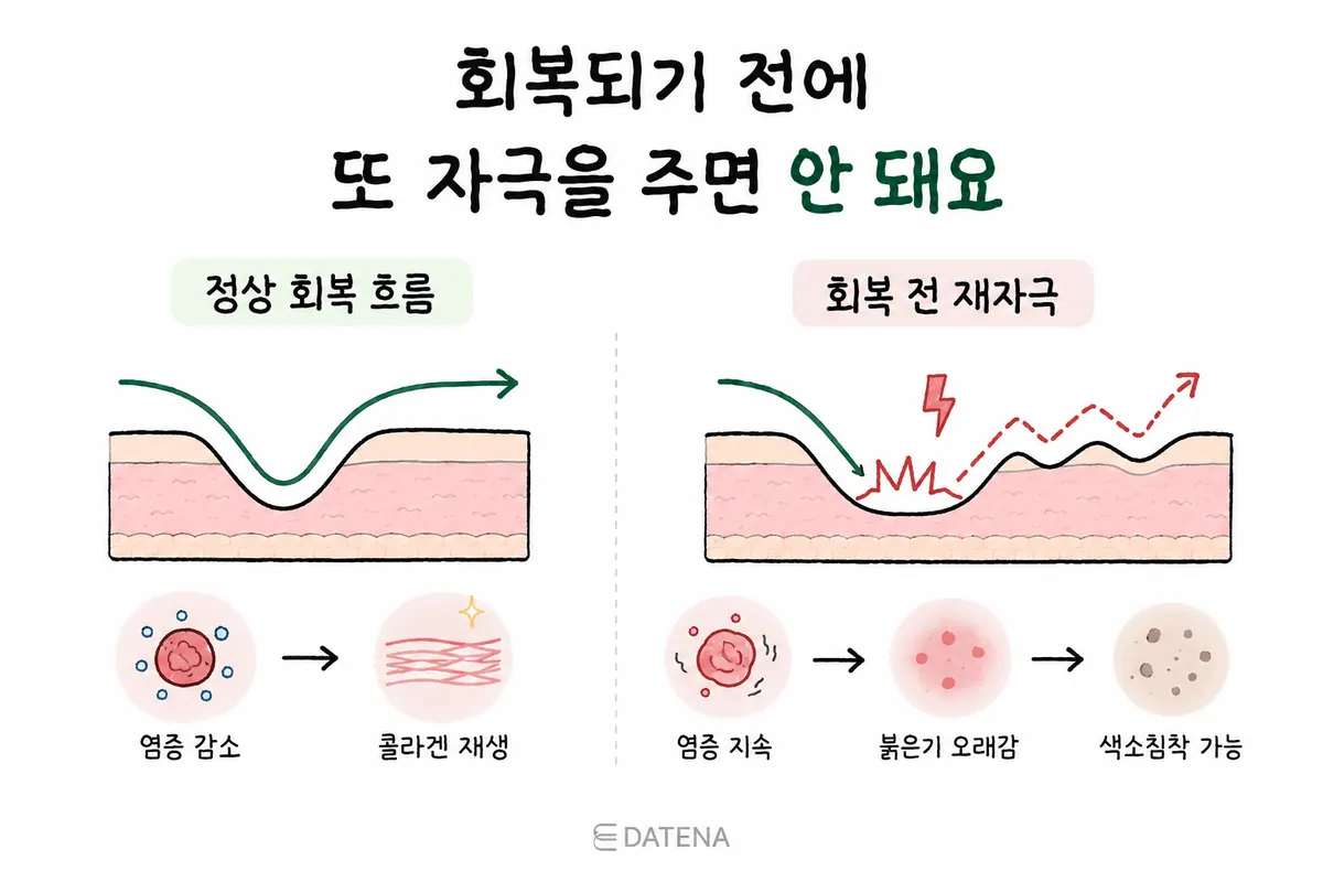 정상적인 피부 회복과 회복 전 재자극 뒤 염증 지속 가능성을 비교한 그림