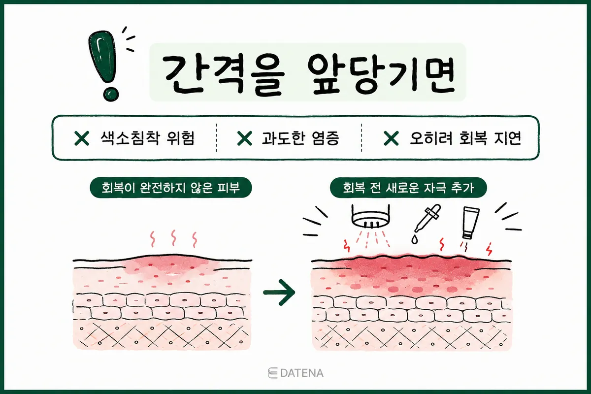 치료 간격을 앞당겼을 때 색소침착·과도한 염증·회복 지연 위험을 보여주는 피부 도식