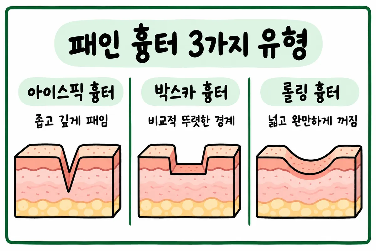 아이스픽·박스카·롤링 여드름 흉터의 깊이와 경계를 비교한 단면도