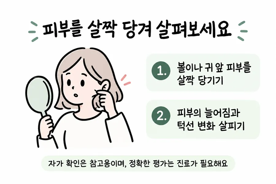 볼과 귀 앞 피부를 가볍게 당겨 늘어짐과 턱선 변화를 살피는 모습