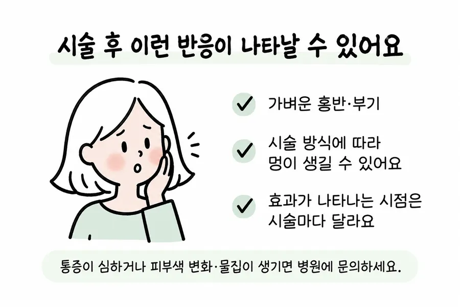 리프팅 시술 후 홍반·부기·멍과 효과가 나타나는 시점 차이를 안내한 그림