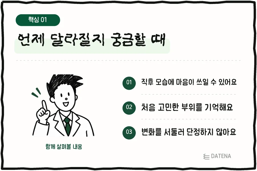 언제 달라질지 궁금할 때: 직후 모습에 마음이 쓰일 수 있어요; 처음 고민한 부위를 기억해요; 변화를 서둘러 단정하지 않아요 — 다태나의원 설명 카드