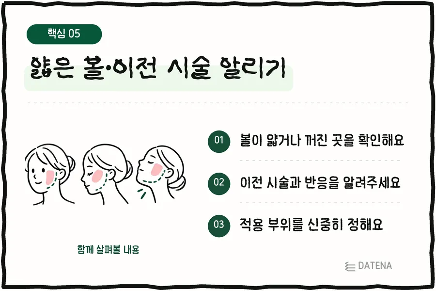 얇은 볼·이전 시술 알리기: 볼이 얇거나 꺼진 곳을 확인해요; 이전 시술과 반응을 알려주세요; 적용 부위를 신중히 정해요 — 다태나의원 설명 카드