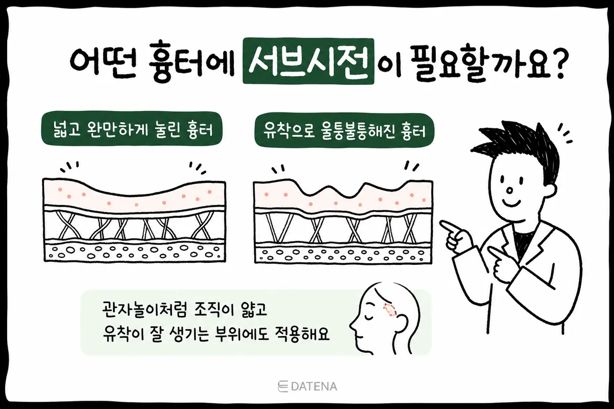 넓고 완만한 패임과 유착으로 울퉁불퉁한 흉터의 피부 단면을 비교한 그림