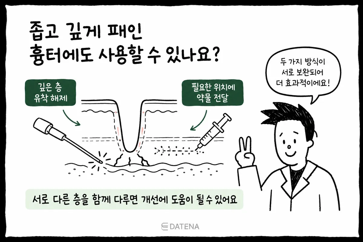 좁고 깊은 흉터 단면에 서브시전과 약물 전달을 함께 표시한 치료 방식 그림