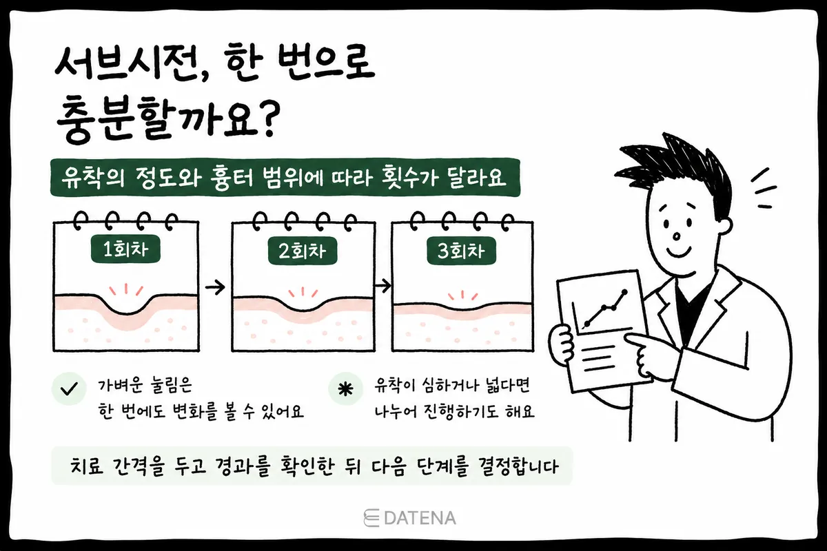 유착 정도와 흉터 범위에 따라 서브시전 횟수를 나누어 결정하는 과정을 그린 카드