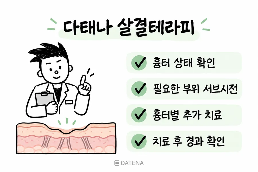 흉터 상태 확인부터 서브시전과 추가 치료, 경과 확인까지 보여주는 과정 그림