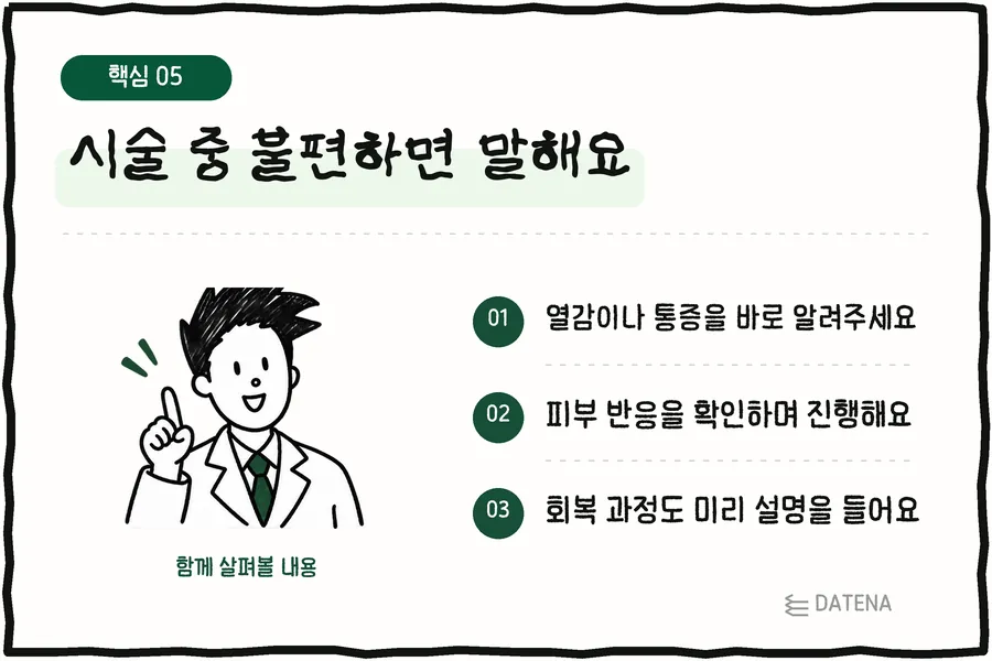 시술 중 불편하면 말해요: 열감이나 통증을 바로 알려주세요; 피부 반응을 확인하며 진행해요; 회복 과정도 미리 설명을 들어요 — 다태나의원 설명 카드