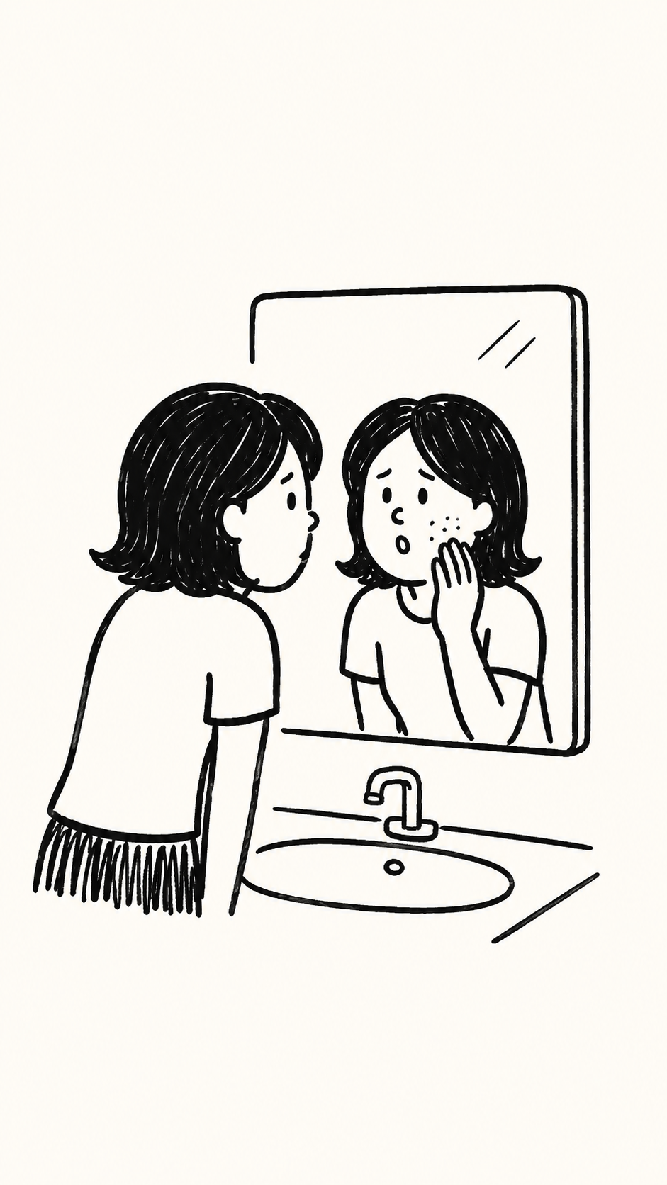 거울 앞에서 여드름흉터를 살펴보는 일러스트